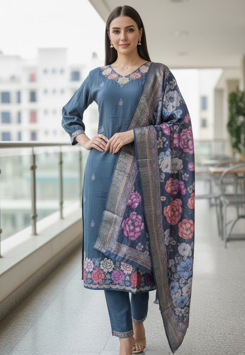Designer Embroidered Kurta Pant Set with Printed Dupatta Perfect For Wedding Function