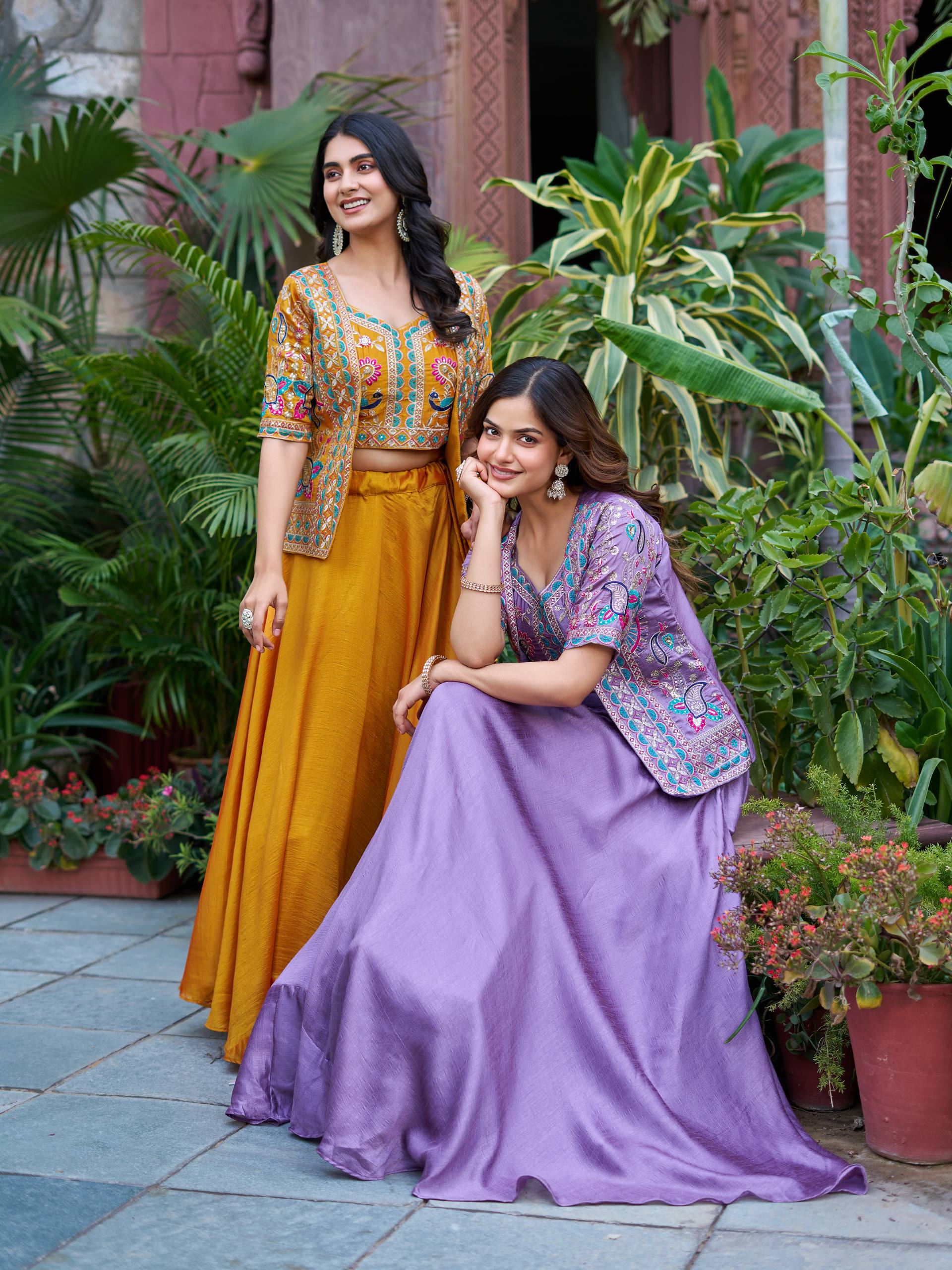 New Festival Collection Vichitra Lehenga Choli with Embroidered Koti and 8.50 Meter Flair - Fully Stitched