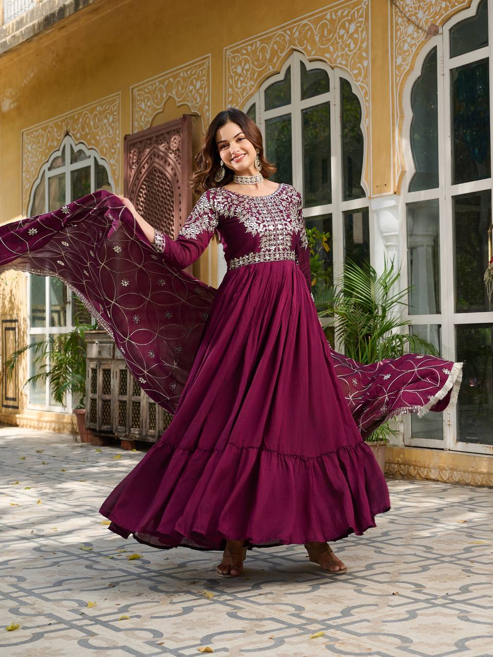 New Festival Collection Vichitra Silk Long Gown with Heavy 7MM Sequence Embroidery Dupatta - Fully Stitched