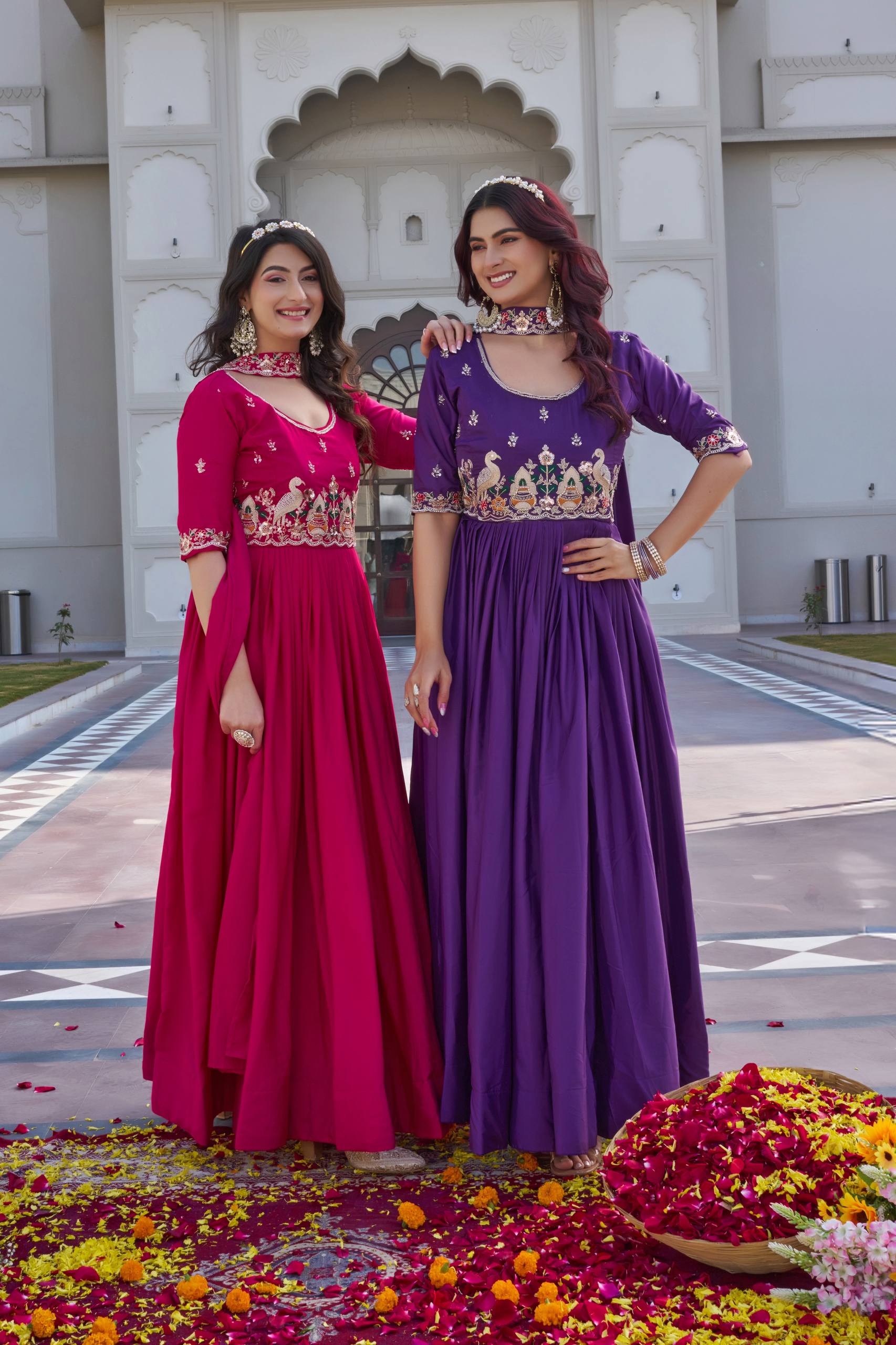 Festival Collection Crepe Silk Long Gown with Heavy Cording Sequence and Beads Embroidery Work - Fully Stitched