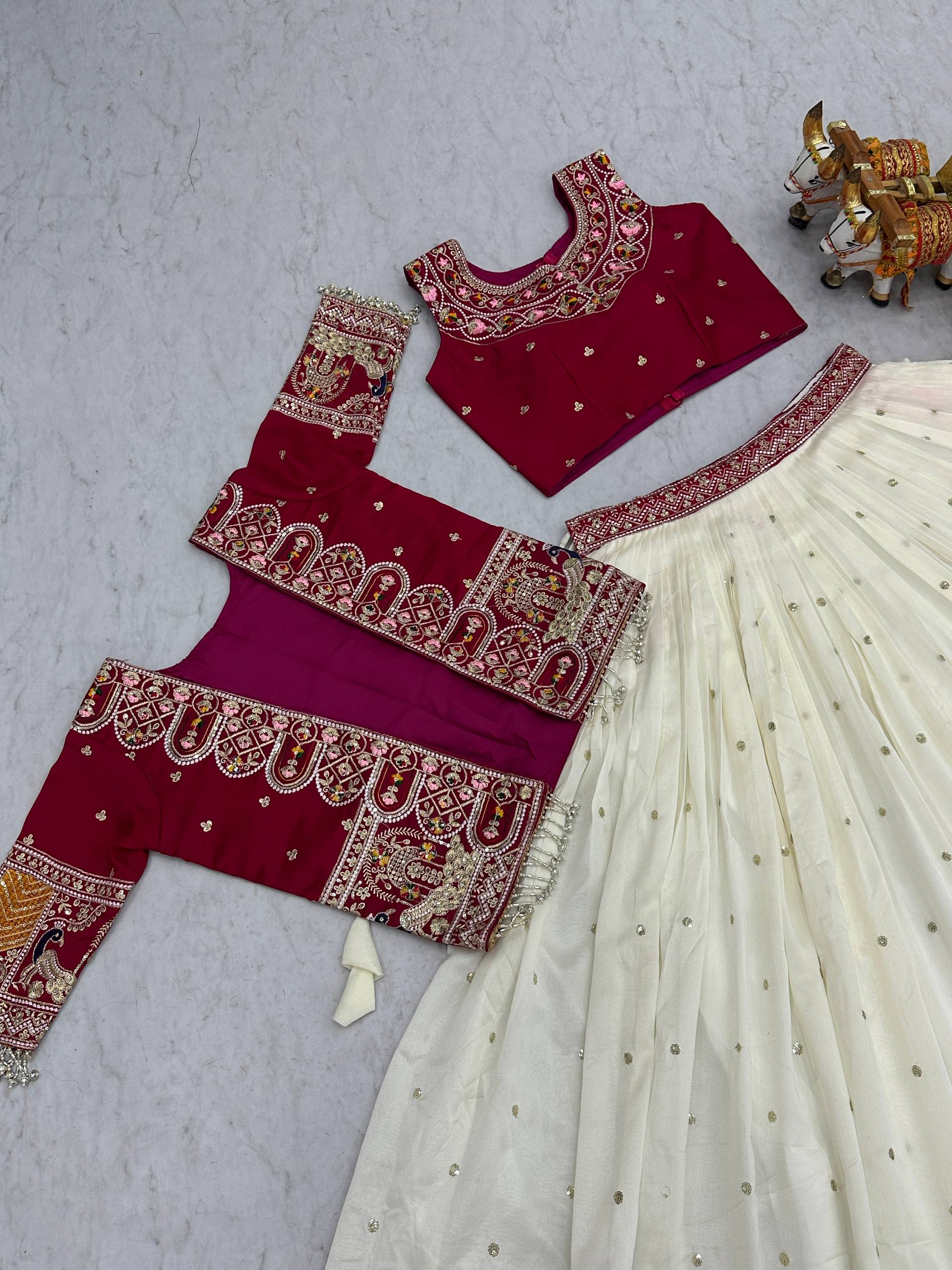 Festival Collection Pure Vichitra Lehenga Choli with Embroidered Koti - Fully Stitched