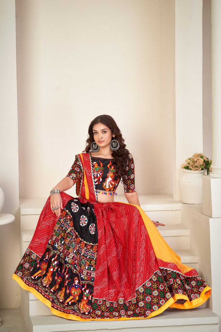 Navratri Special Red Bandhani Chaniya Choli with Mirror Work