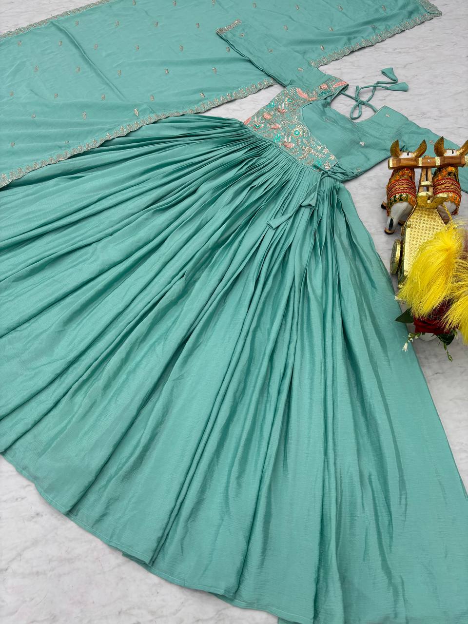 New Festival Collection Chinon Long Gown with Heavy Sequence and Thread Embroidery Dupatta- Fully Stitched