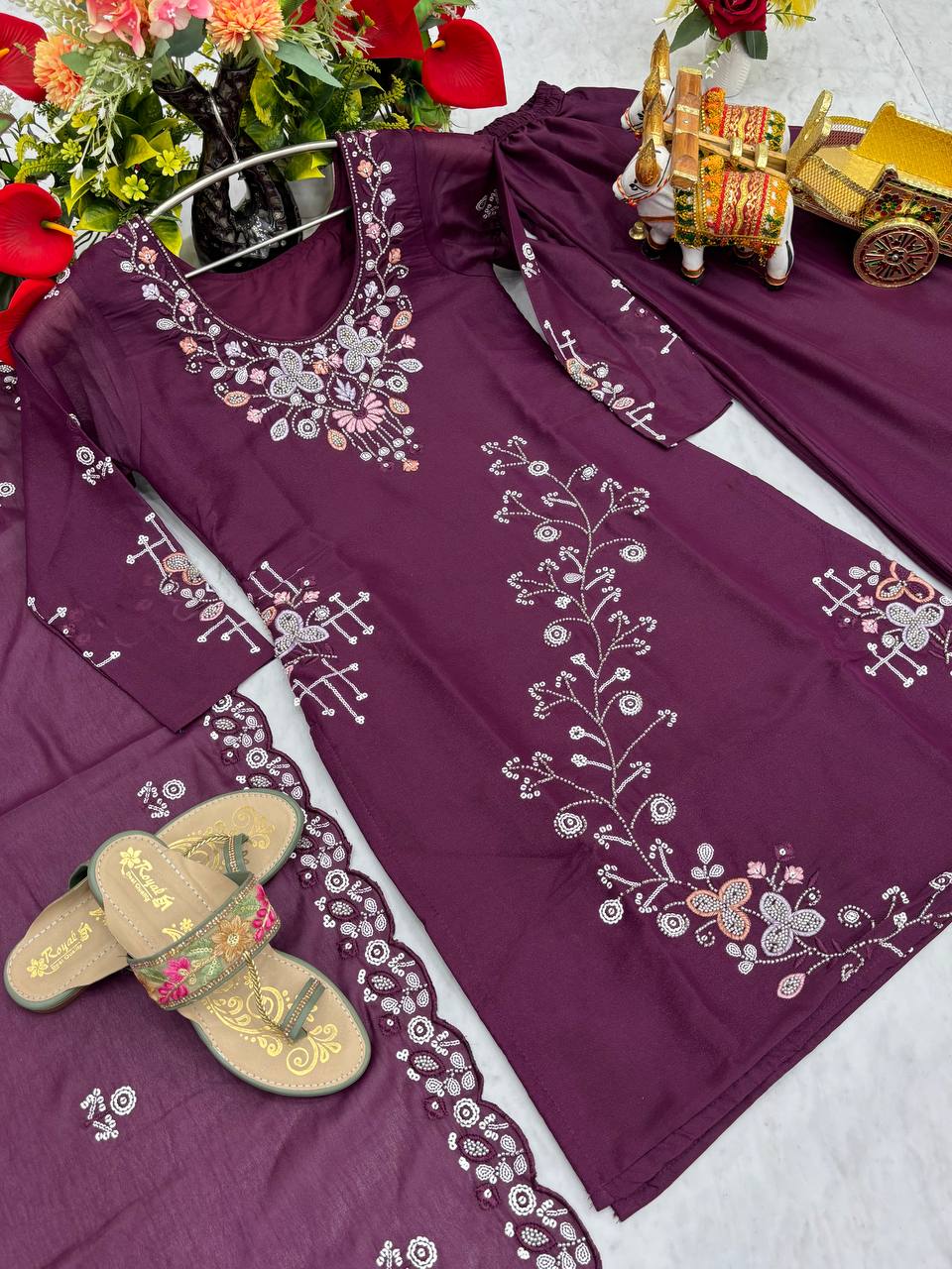 Designer Star Georgette Kurti Palazzo Set with Heavy Moti and Sequence Embroidery Work- Fully Stitched