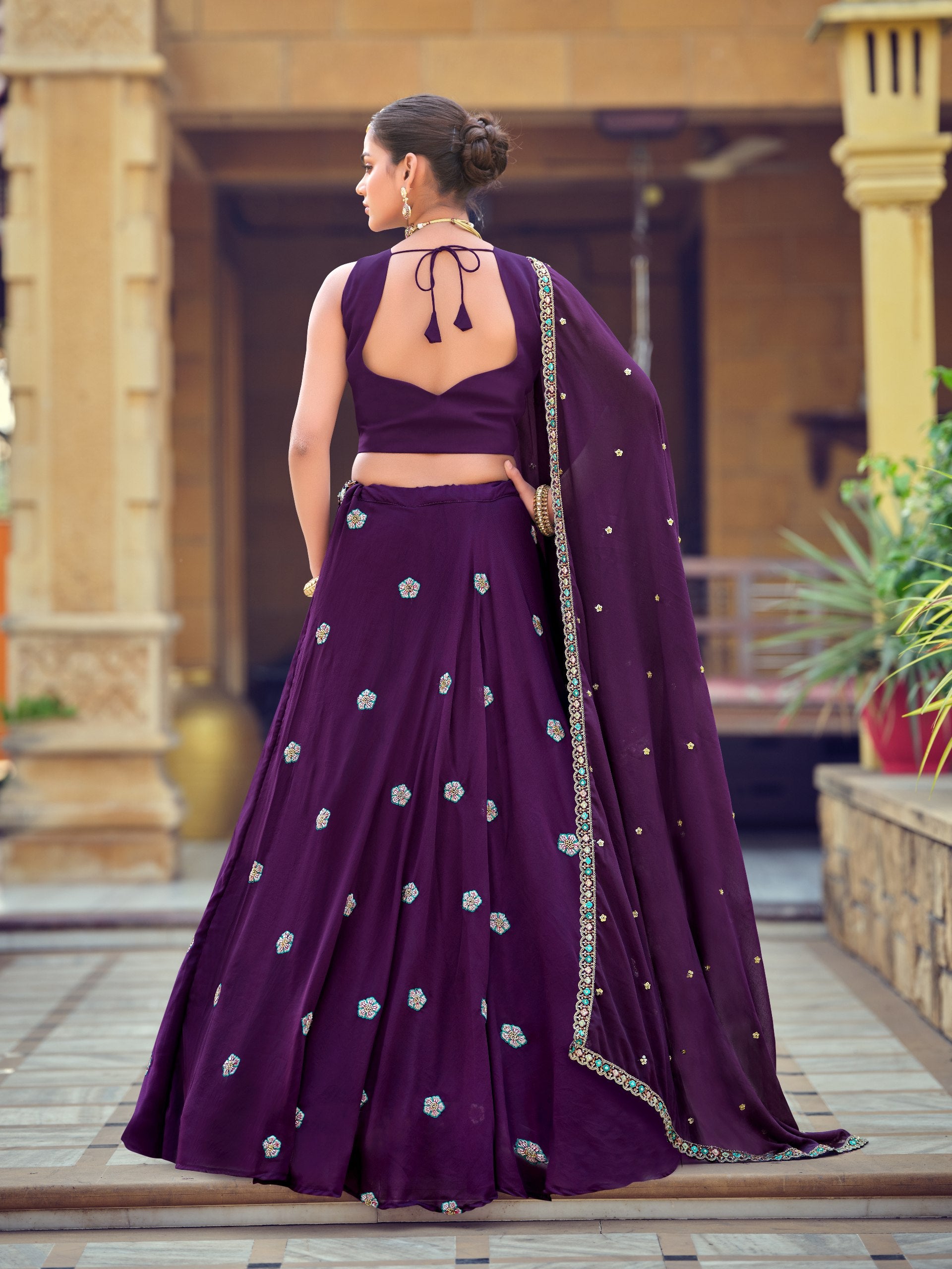 Royal Purple Georgette Lehenga Choli with Embroidered Beads Work and Designer Dupatta