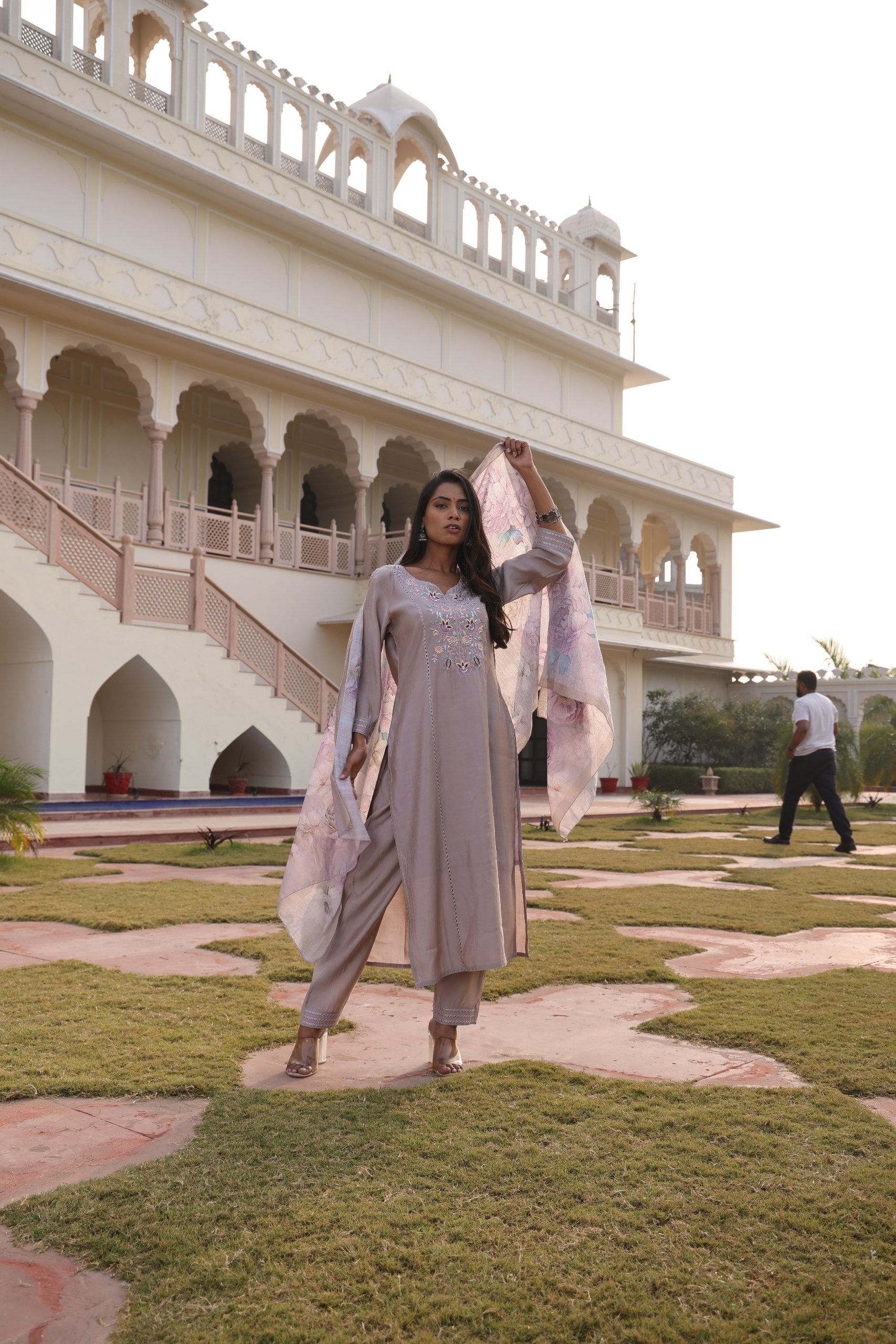 Designer Beige Embroidered Kurti Pant Set with Digital Print Dupatta - Fully Stitched