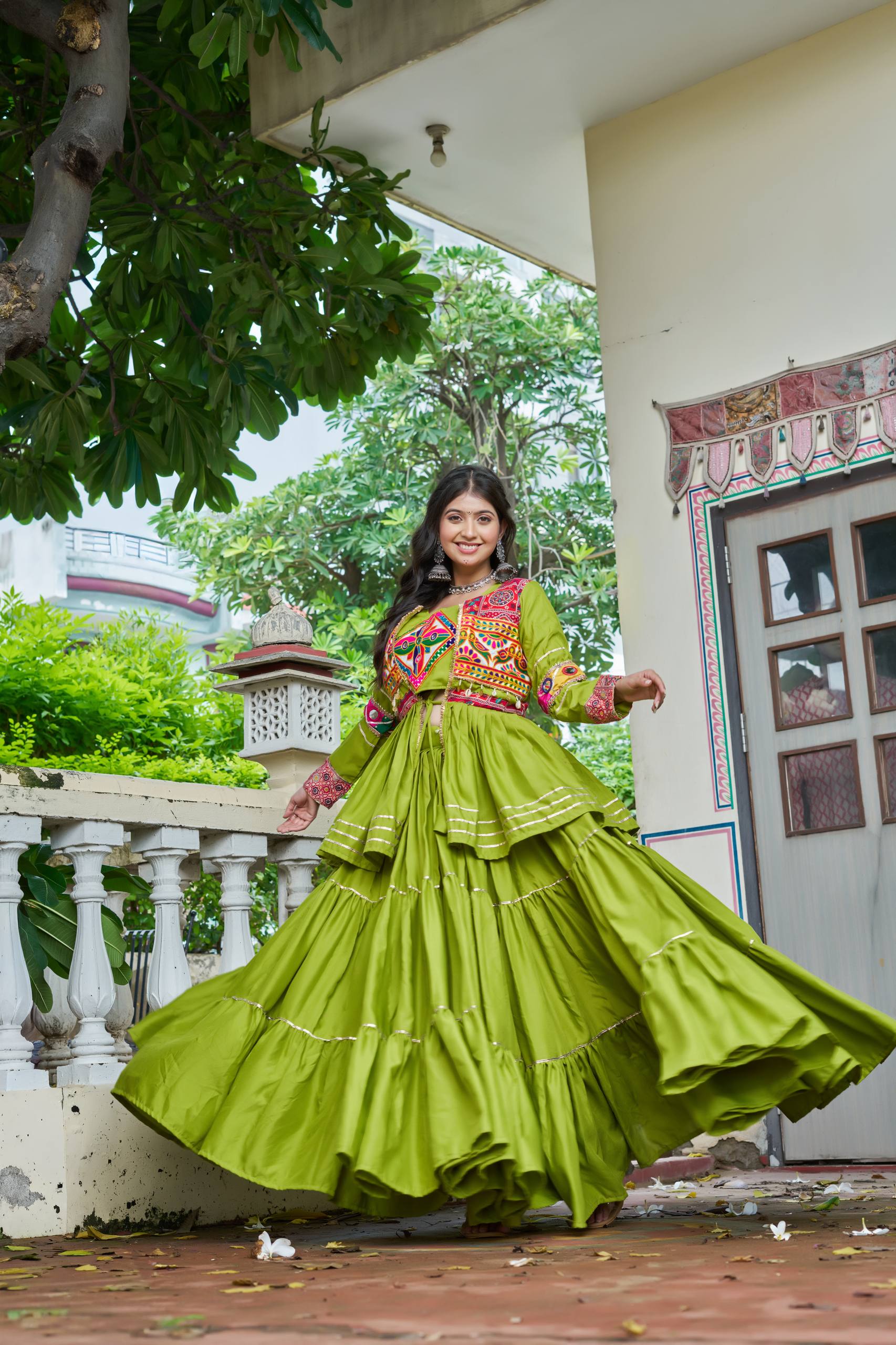 Navratri Special Pure Cotton Gamathi Work Lehenga Choli with Koti - Fully Stitched
