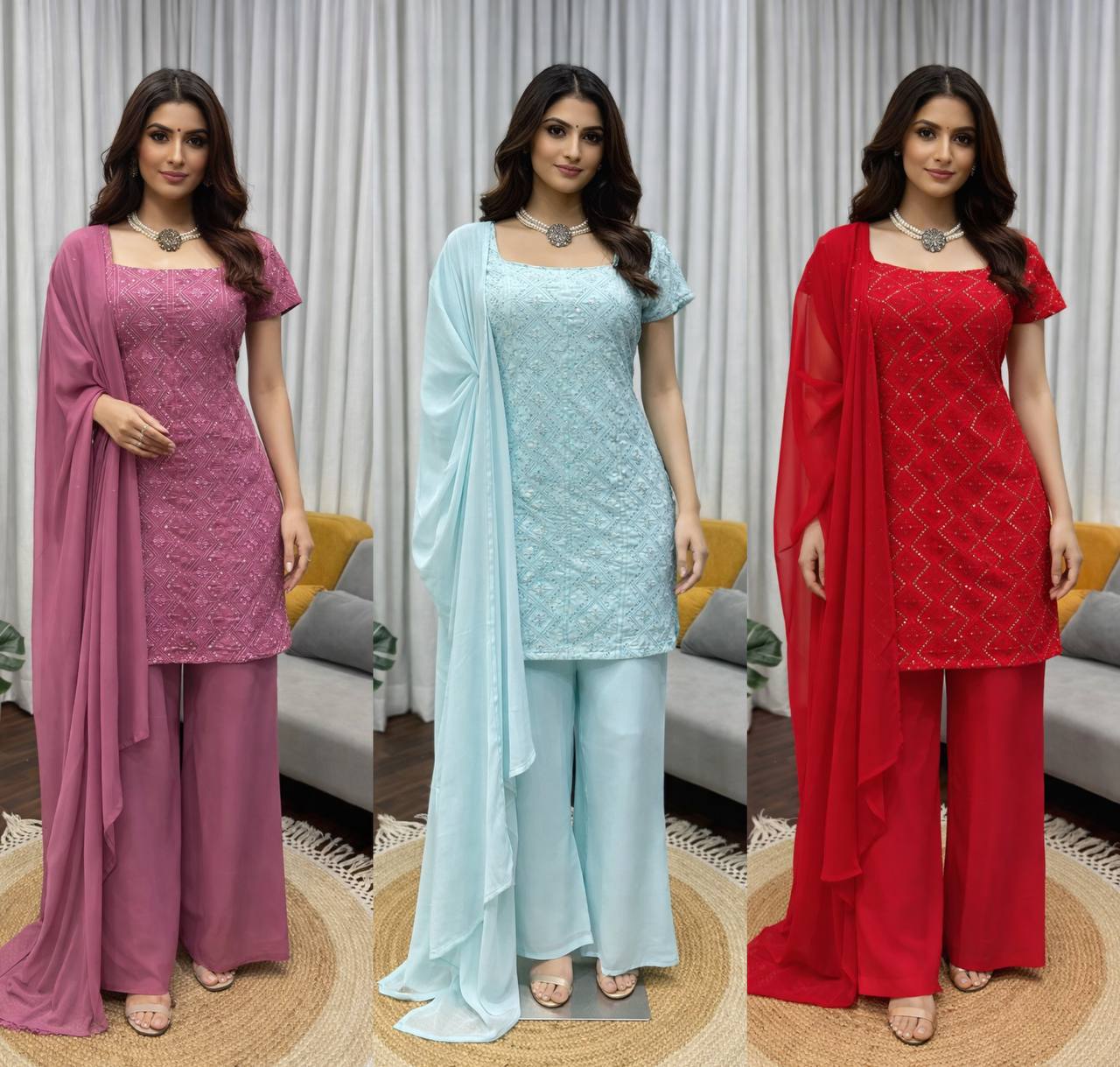 NEW DESIGNER HEAVY FUAX GEORGETTE SHARARA SUIT SET