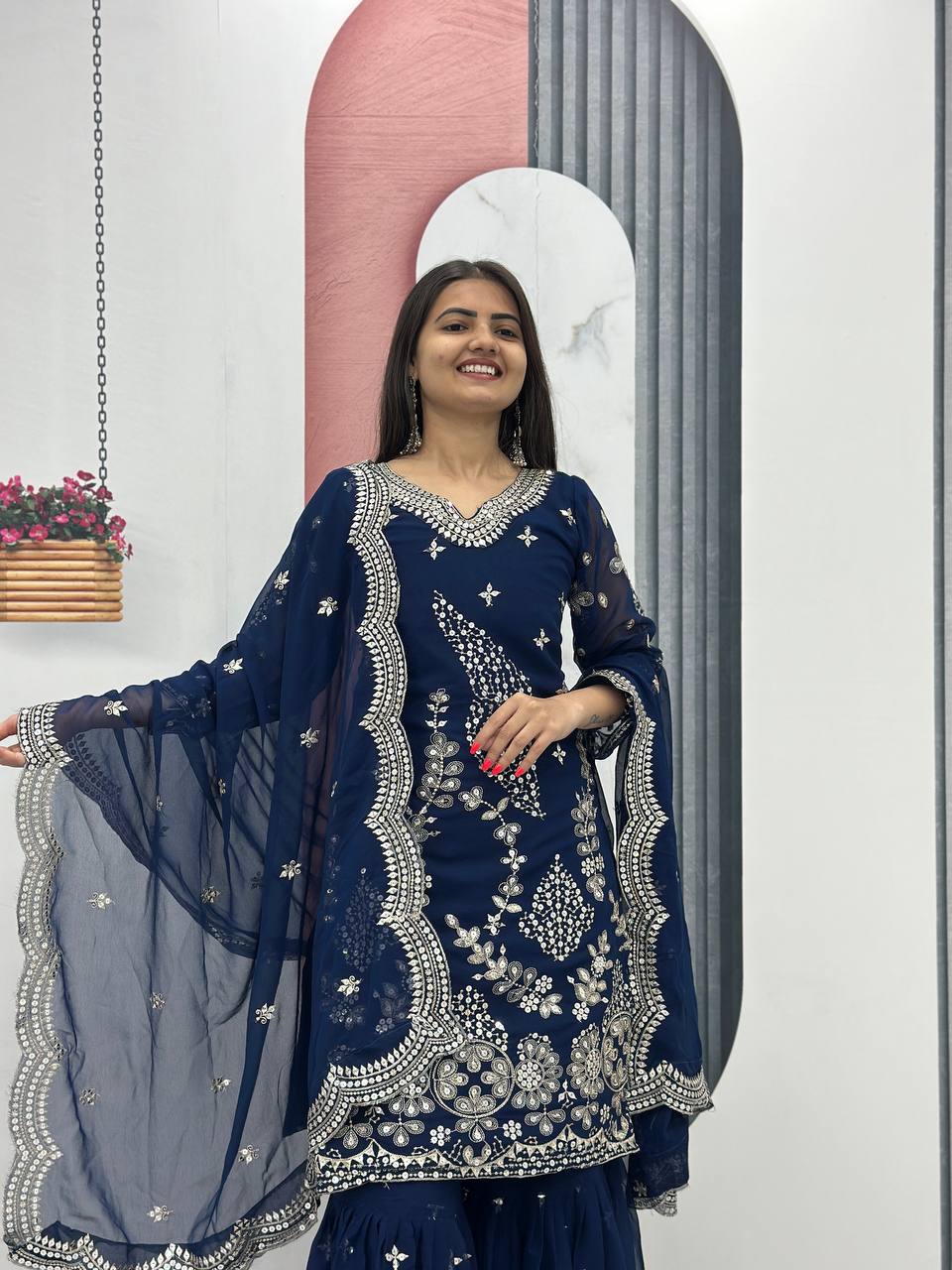 Designer Party Wear Embroidered Sharara Suit Set with Dupatta - Fully Stitched