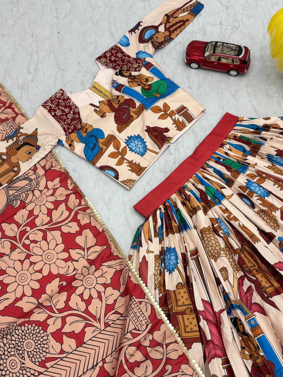Traditional Kalamkari Print Cotton Lehenga Choli with Dupatta - Fully Stitched