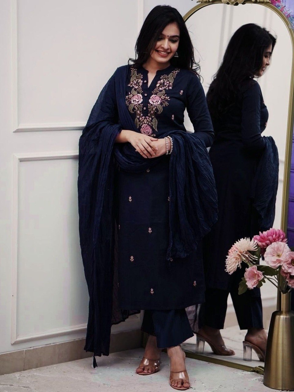 Stylish Viscose Rayon Embroidered Kurta Pant Set with Nazmin Dupatta for Party Wear - Fully Stitched