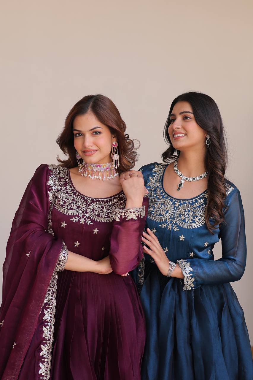 New Festival Collection Burberry Silk Long Gown with Heavy Sequence Embroidery Dupatta - Fully Stitched