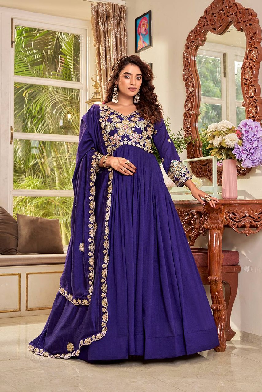 Festival Collection Vichitra Long Gown with Heavy Cording Sequence Embroidery Dupatta - Fully Stitched