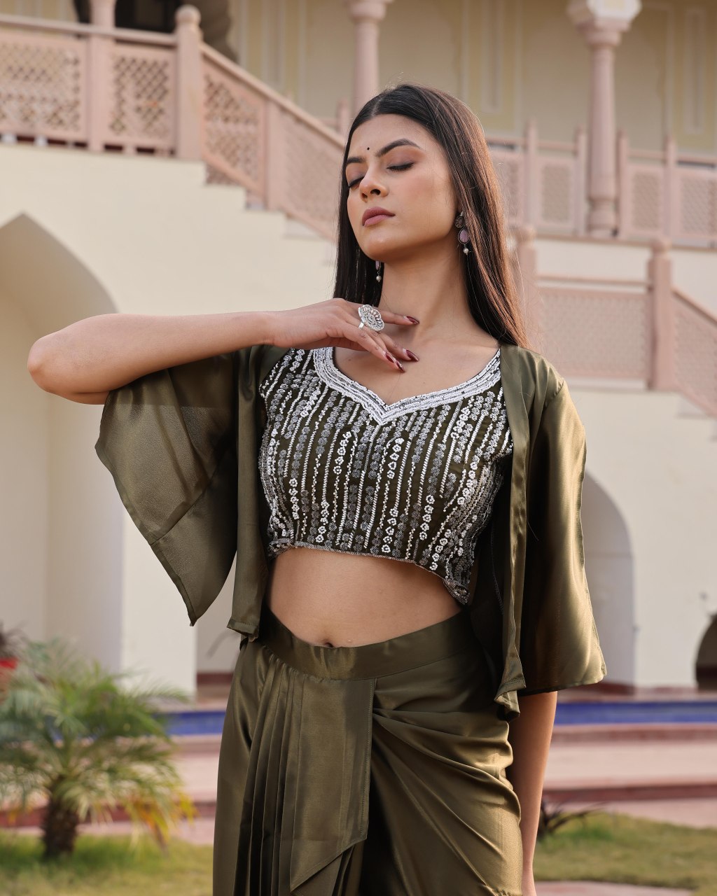Premium Mehendi Satin Silk Indo-Western Drape Skirt Set with Embroidered Top and Shrug- Fully Stitched