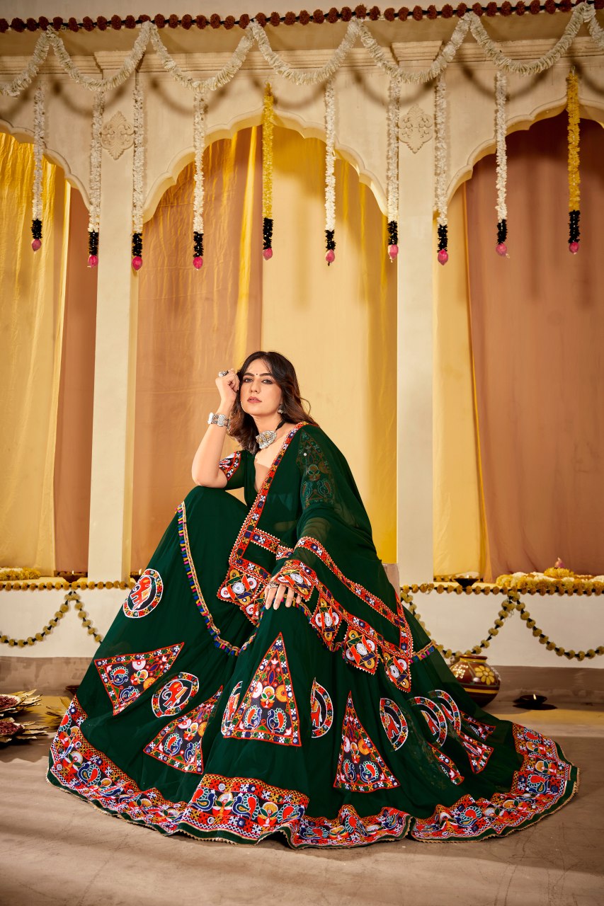 Navratri Special Green Georgette Chaniya Choli with Traditional Kutchi Mirror Work