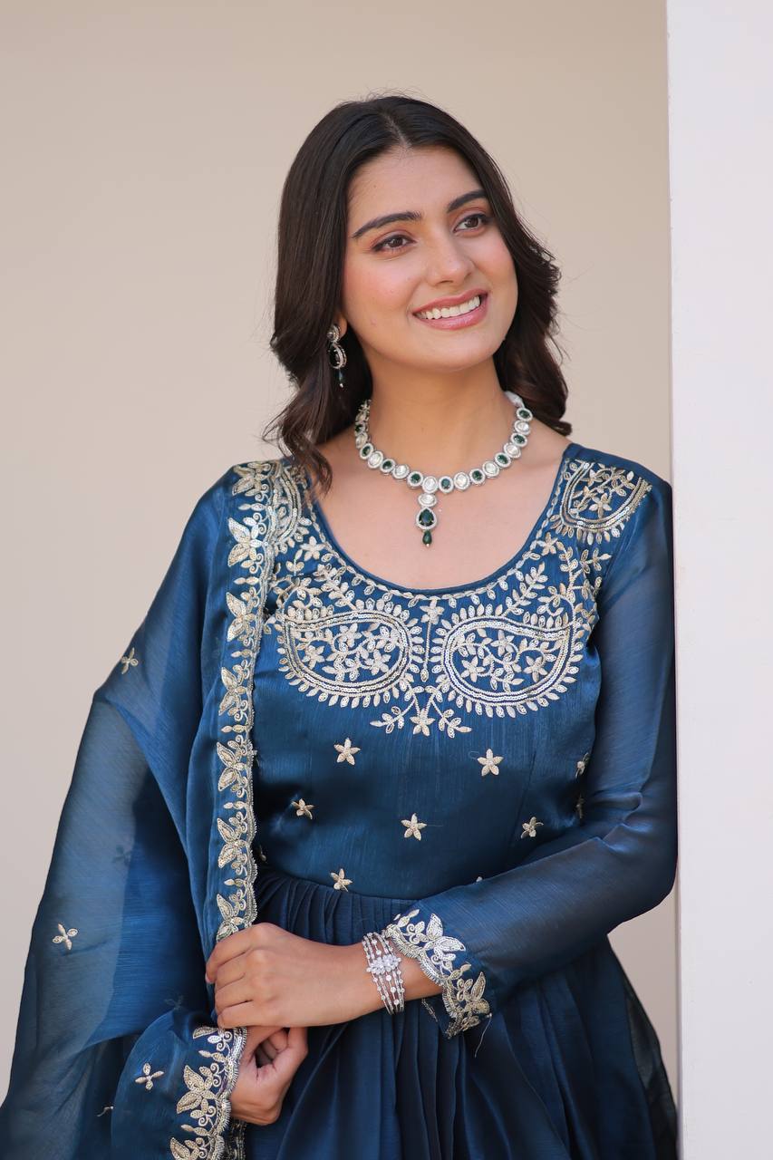 New Festival Collection Burberry Silk Long Gown with Heavy Sequence Embroidery Dupatta - Fully Stitched