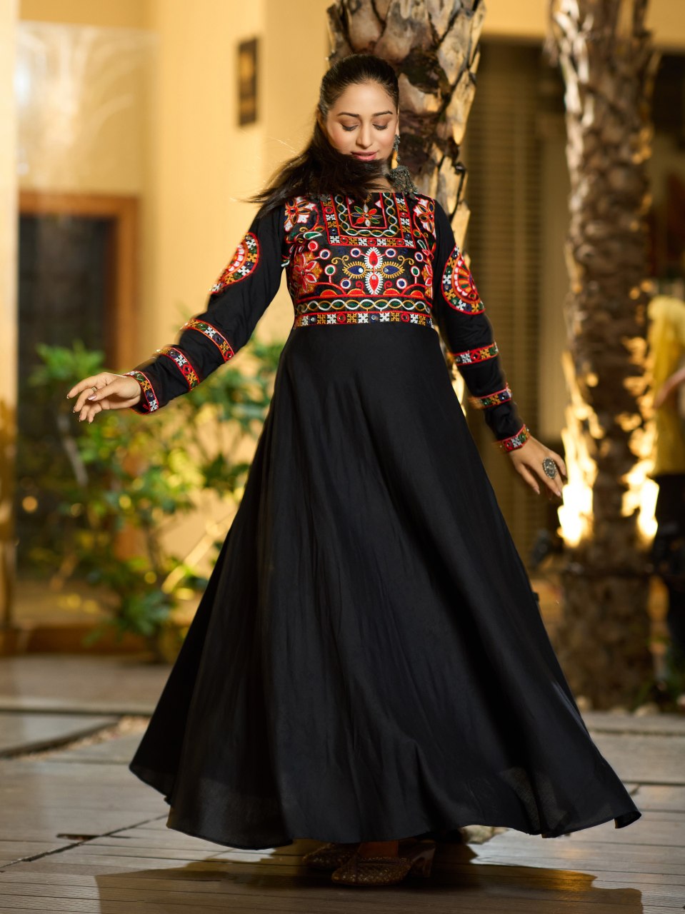 Navratri Special Black Embroidered Rayon Gown with Original Mirror Work