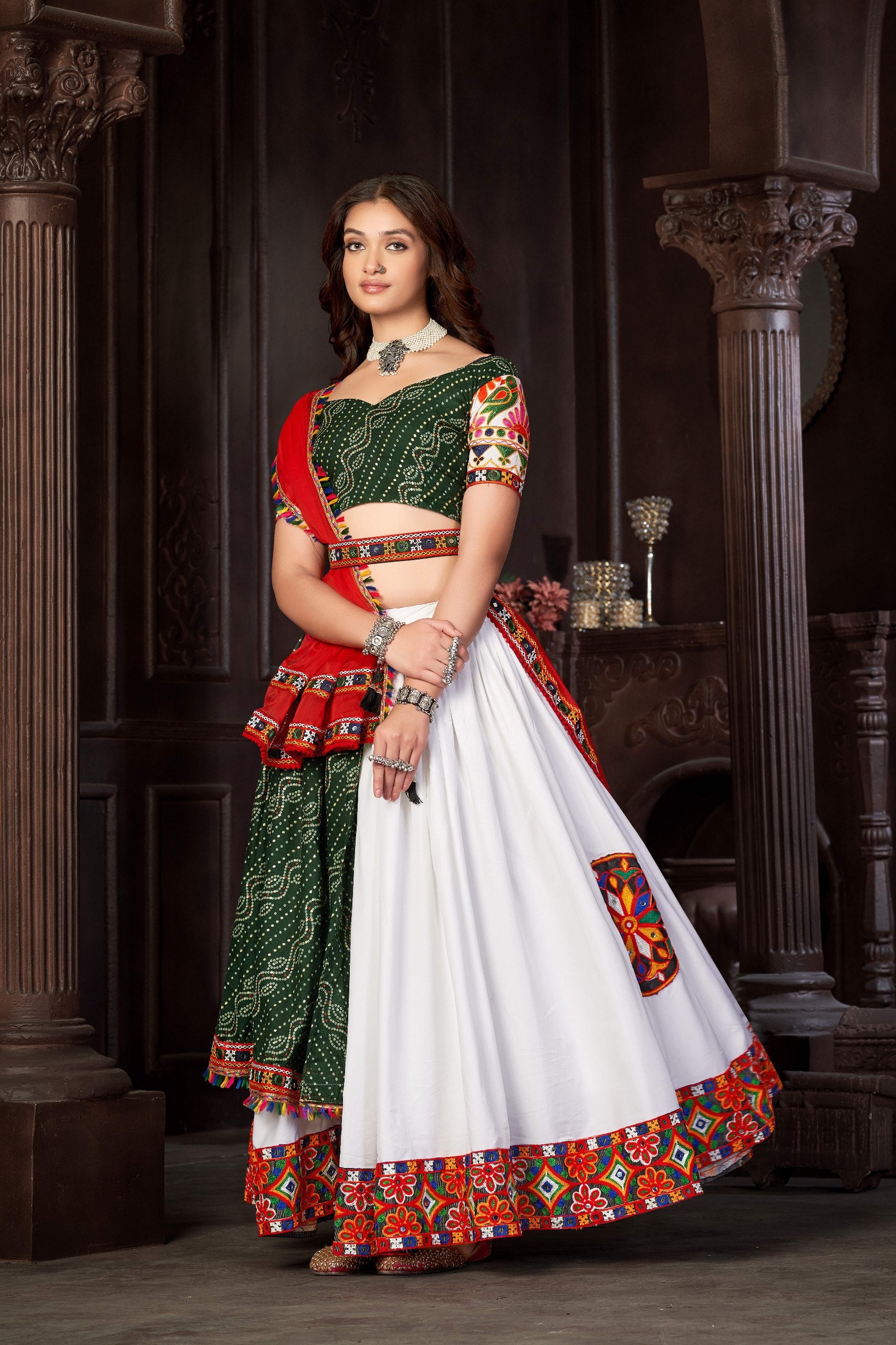 Navratri Special White Cotton Silk Chaniya Choli with Traditional Kutchi Mirror Work