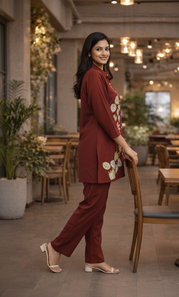 Women's Cotton Embroidered Co-Ord Set with Shirt Collar Top and Pant - Fully Stitched