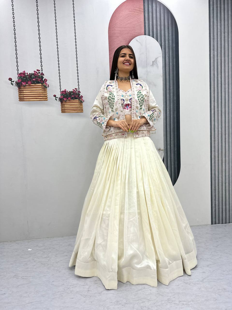 Launching Festival Special Vichitra Silk Crop Top Lehenga with Embroidered Jacket - Fully Stitched