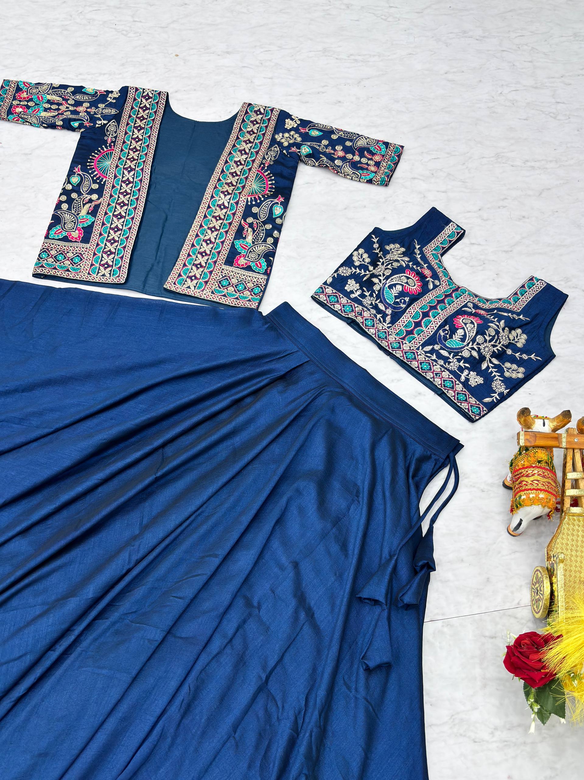 Festival Collection Vichitra Lehenga Choli with Embroidered Koti and 8.50 Meter Flair - Fully Stitched