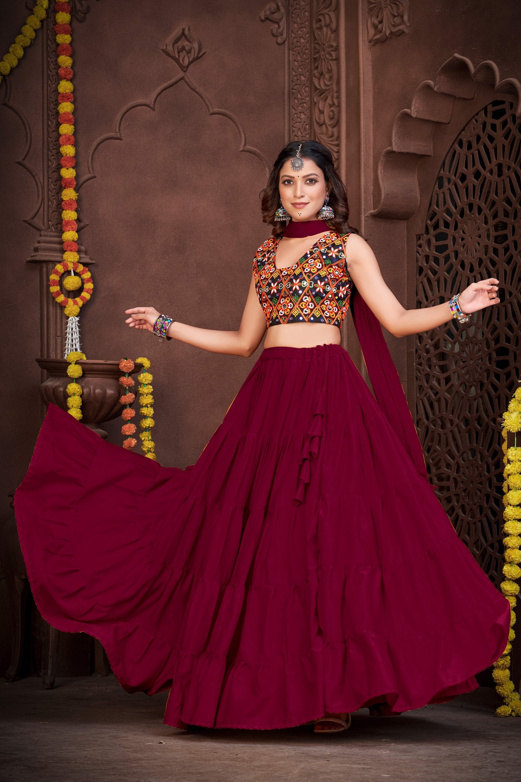 Navratri Special French Crepe Chaniya Choli with Kutchi Mirror Work Blouse