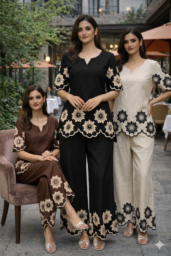Premium Cotton Co-Ord Set for Women | Embroidered Chain Stitch Top with Cotton Pant | Casual, Office & Daily Wear Collection (H)-CO-04