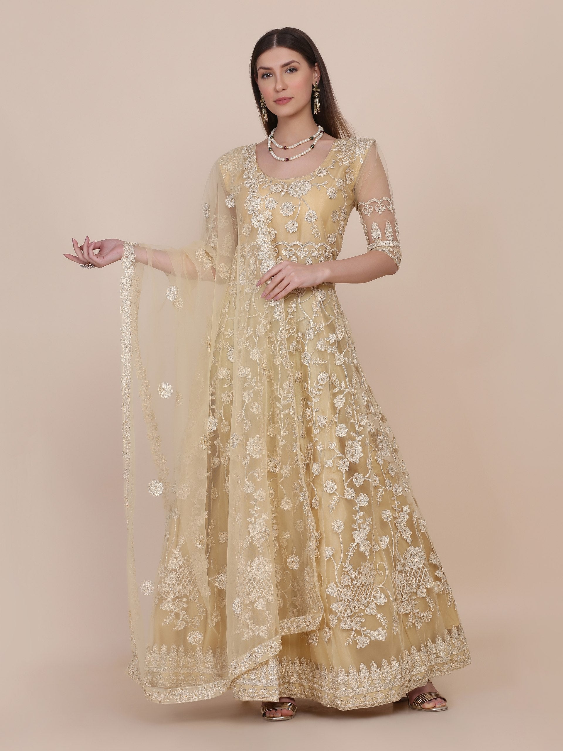 Wedding Wear Cream Net Anarkali Suit Set with Embroidered Dupatta
