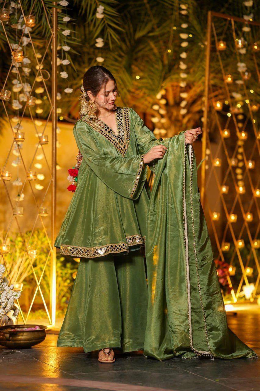 Premium Silk Kurti Set for Women | Designer Real Mirror Work Kurti with Silk Pant & Handwork Dupatta | Wedding, Festive & Party Wear Collection&nbsp (K)-1011