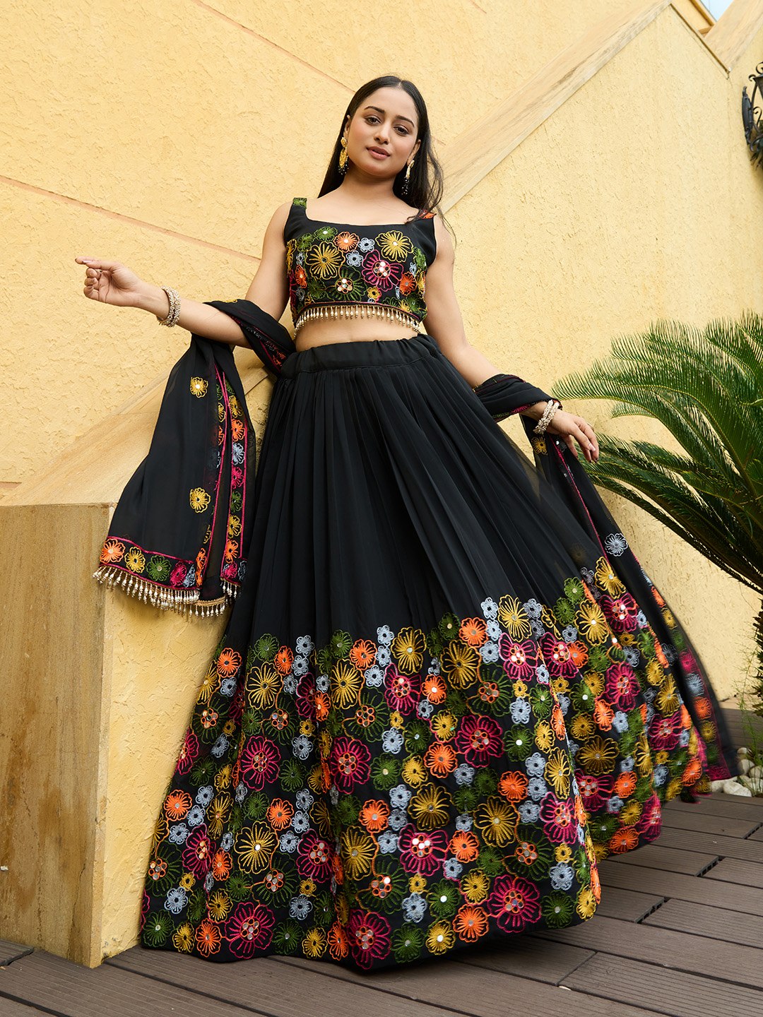 Premium Black Floral Embroidered Georgette Lehenga Choli with Designer Dupatta