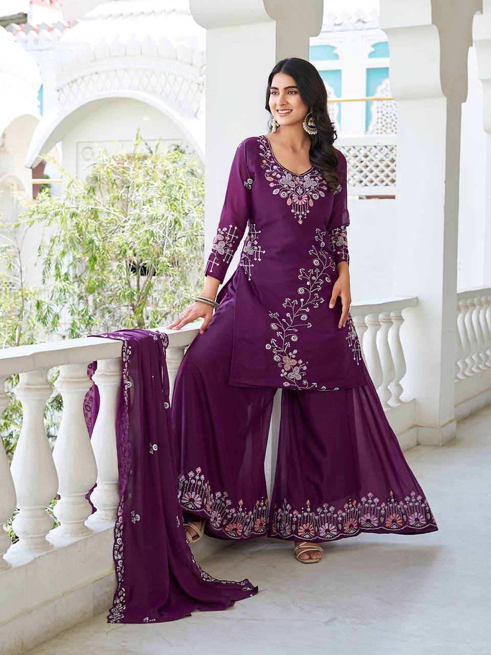 Designer Star Georgette Kurti Palazzo Set with Heavy Moti and Sequence Embroidery Work- Fully Stitched