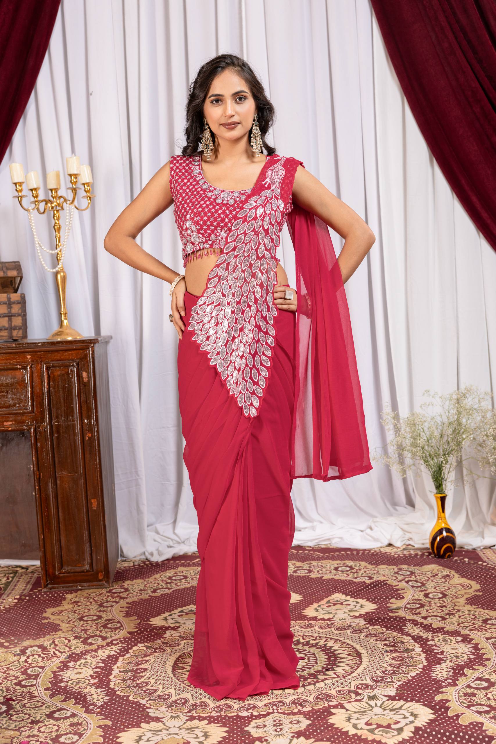Superhit Trending Faux Georgette Ready to Wear Saree with Fully Embroidered Stylish Blouse - Fully Stitched