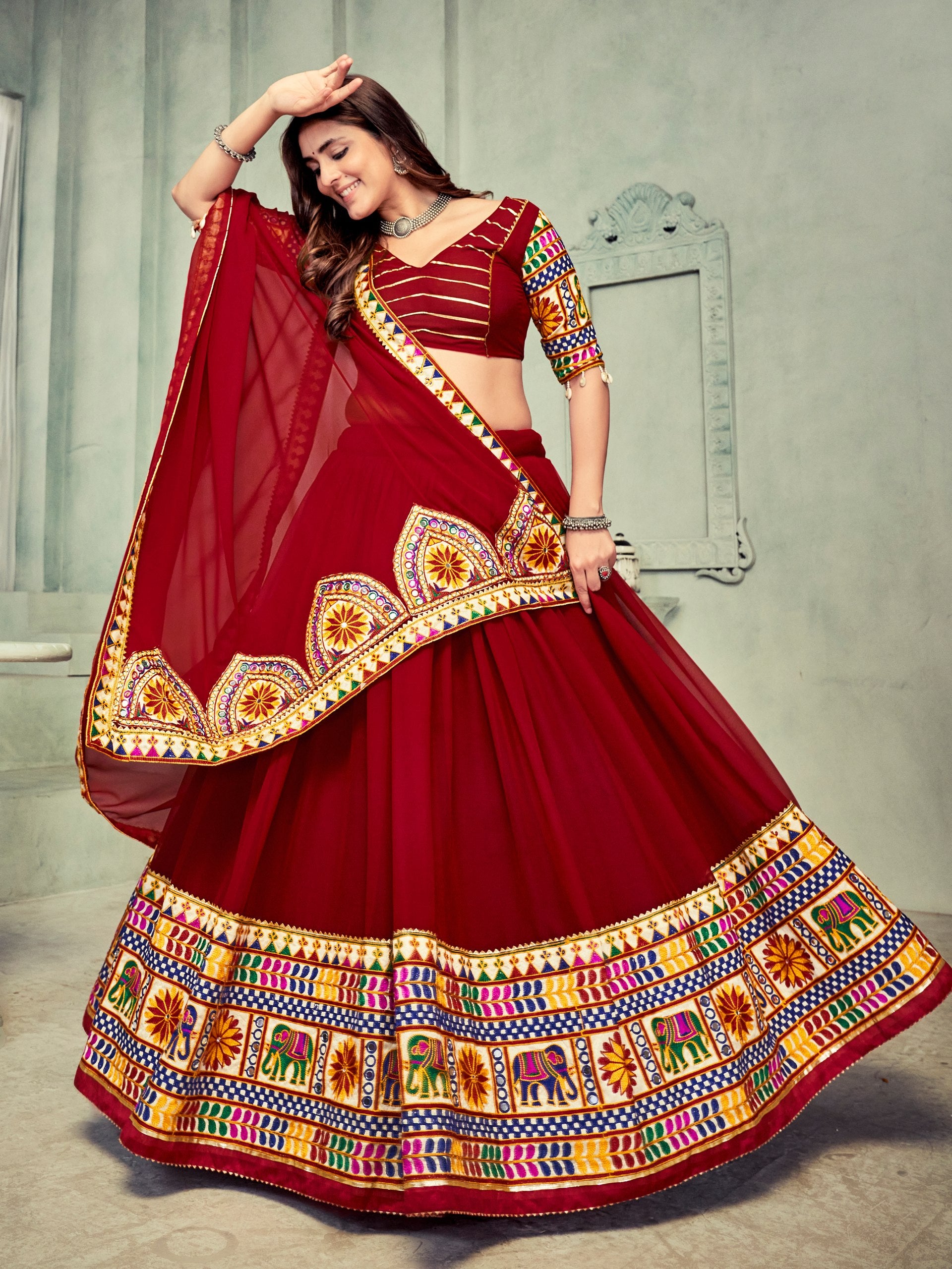 Navratri Special Dark Maroon Kutchi Embroidered Chaniya Choli with Mirror Work