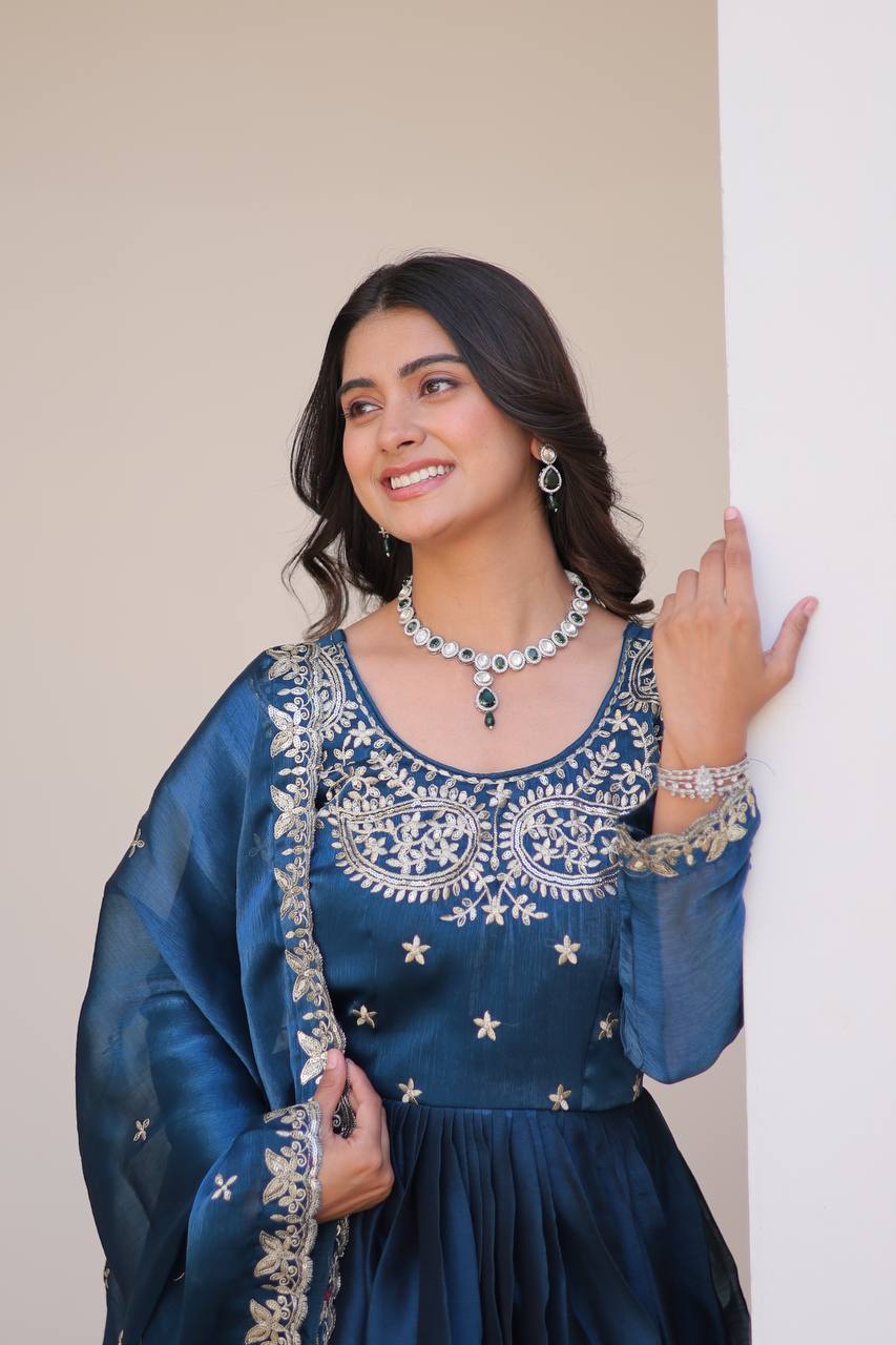 New Festival Collection Burberry Silk Long Gown with Heavy Sequence Embroidery Dupatta - Fully Stitched