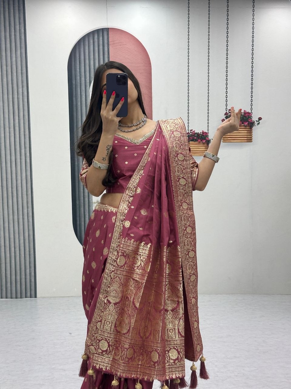 Festival Collection Pure Silk Ready-Made Patli Saree with Heavy Zecard Work - Ready-Made Patli