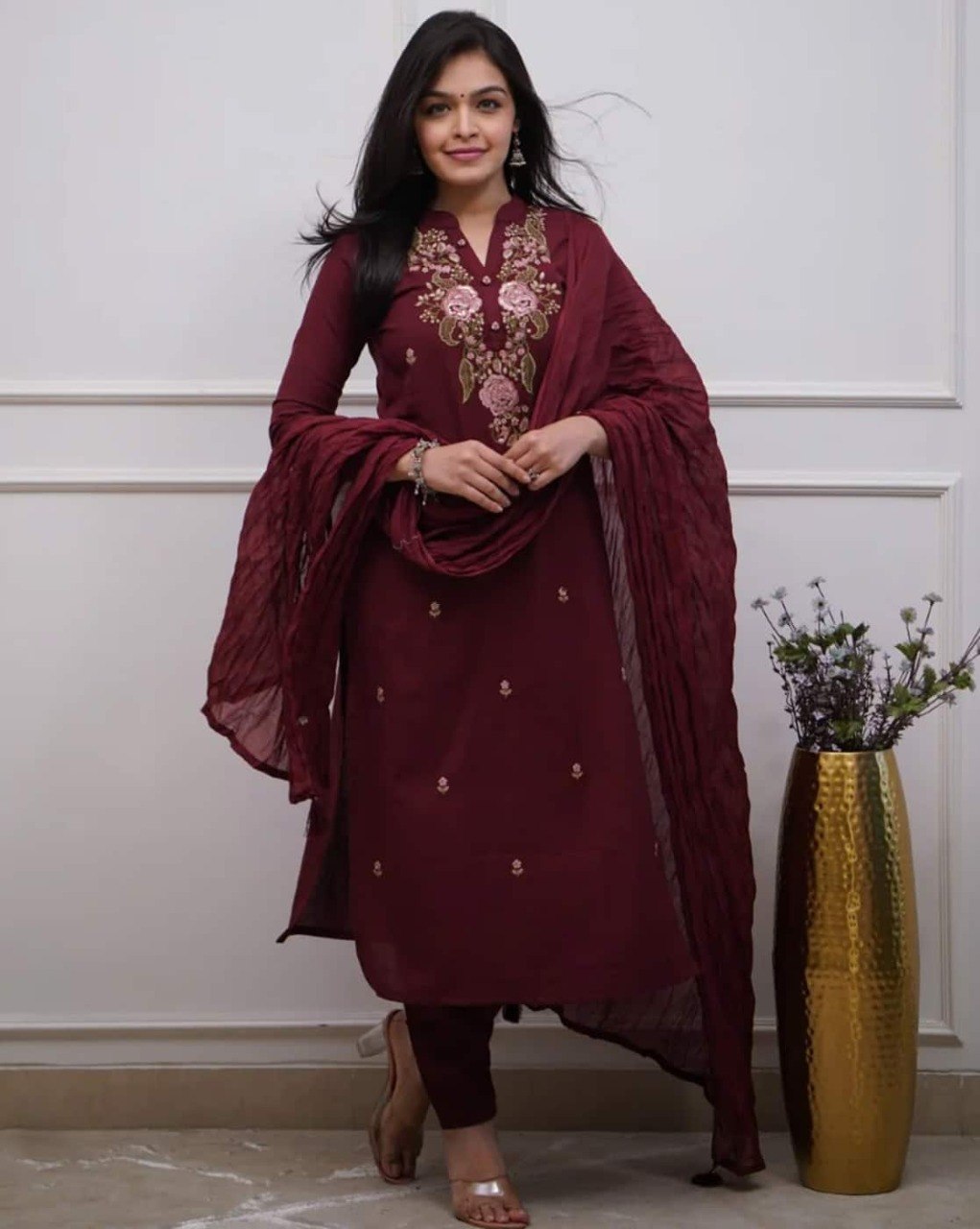 Stylish Viscose Rayon Embroidered Kurta Pant Set with Nazmin Dupatta for Party Wear - Fully Stitched