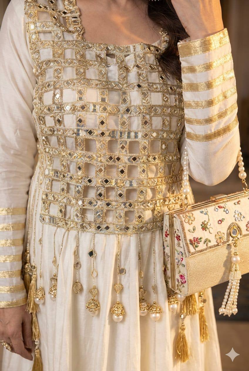 Designer Georgette Top, Silk Pant & Mirror Work Jacket Set
