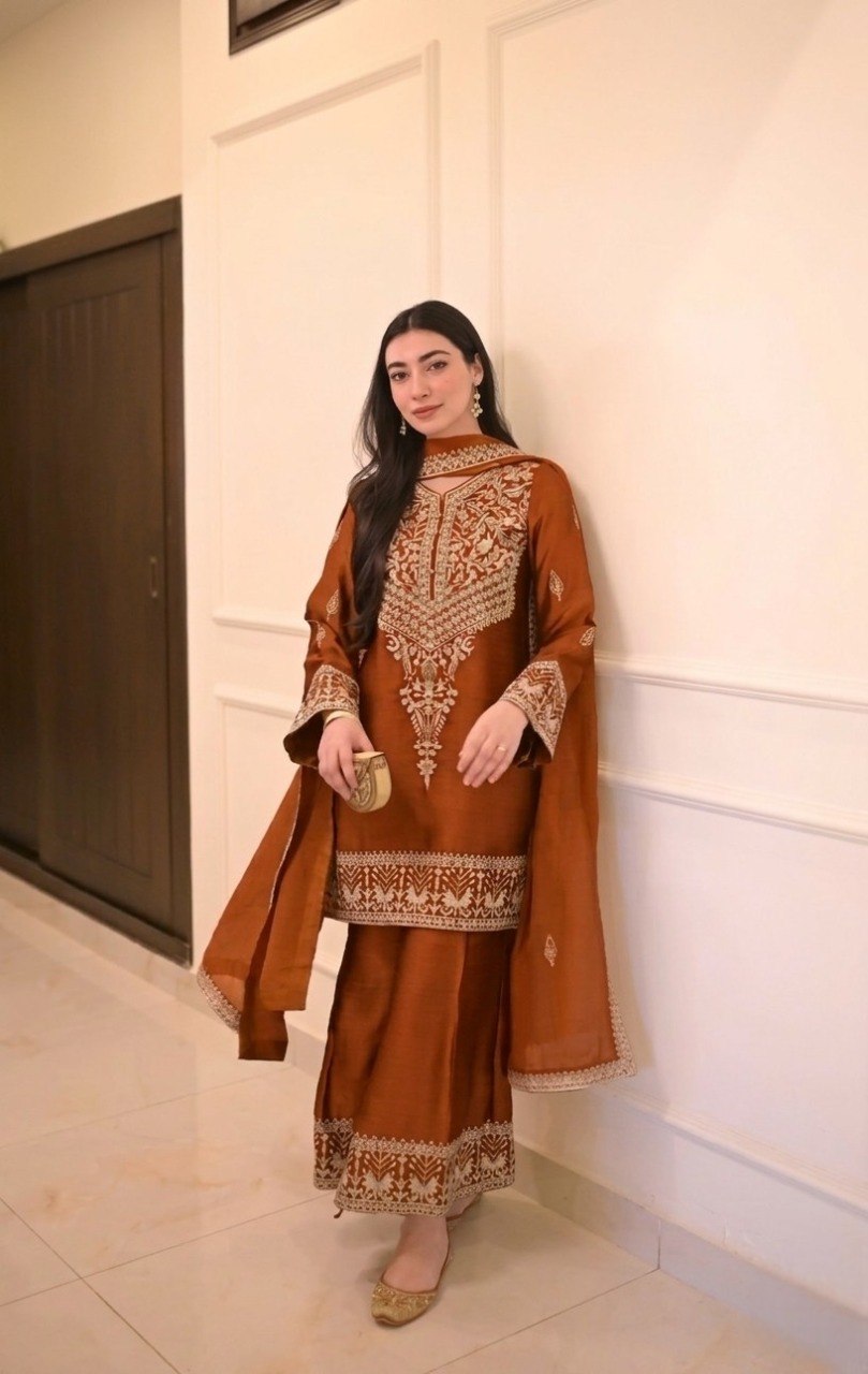 Stylish Vichitra Silk Embroidered Kurta Palazzo Set with Dupatta for Party Wear - Fully Stitched
