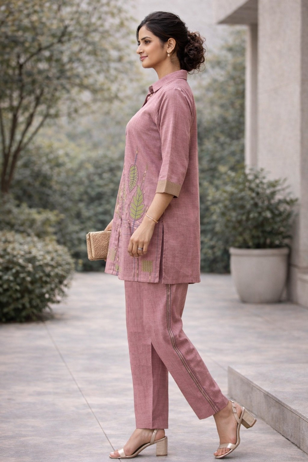 Women's Poly Linen Cotton Embroidered Co-Ord Set with Shirt Collar Top and Pant - Fully Stitched