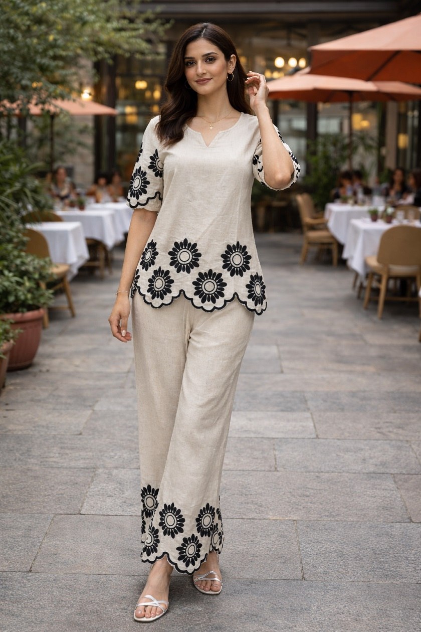 Women's Cotton Embroidered Chain Stitch Co-Ord Set with V-Neck Top and Pant - Fully Stitched