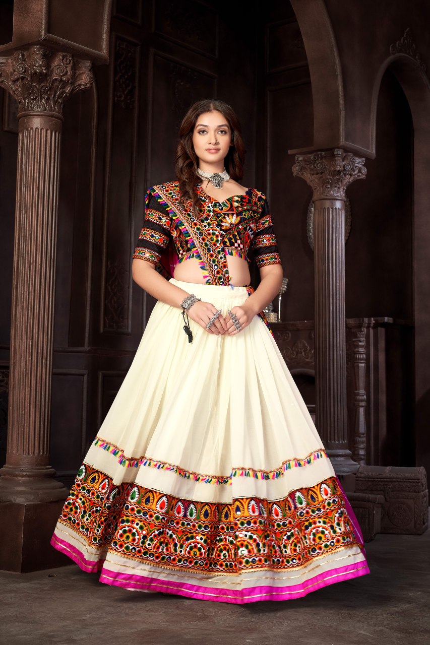 Navratri Special Off-White Georgette Chaniya Choli with Traditional Kutchi Mirror Work