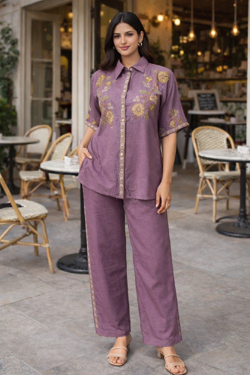 Women's Cotton Embroidered Co-Ord Set with Shirt Collar Top and Pant - Fully Stitched