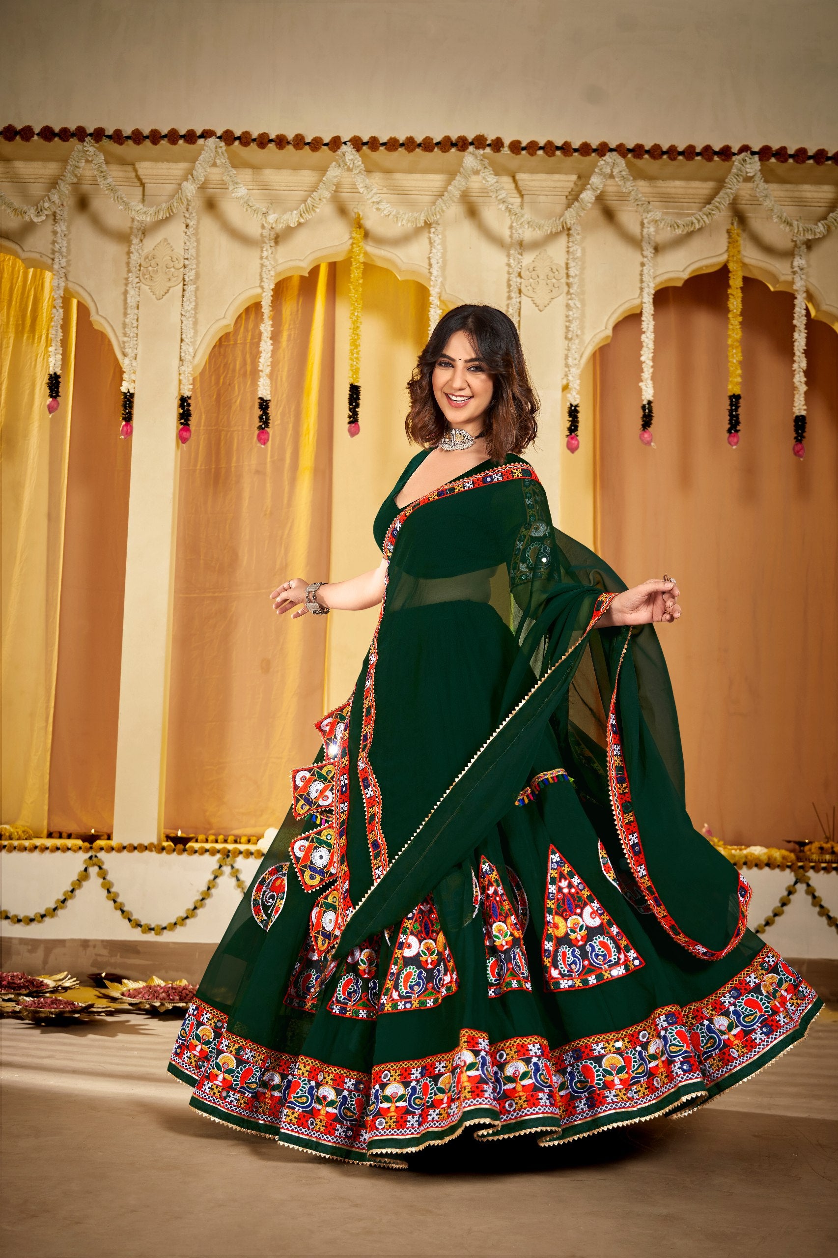 Navratri Special Green Georgette Chaniya Choli with Traditional Kutchi Mirror Work