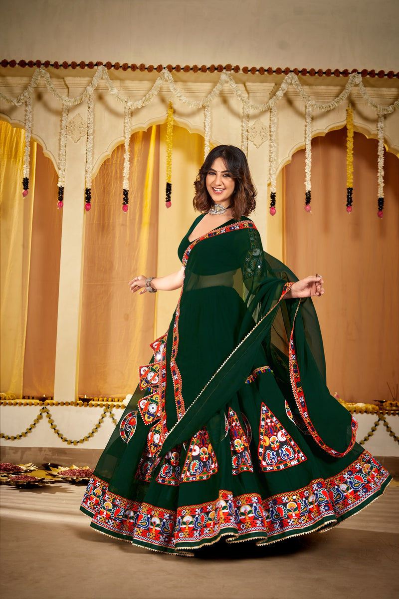 Premium Green Navratri Chaniya Choli with Traditional Kutchi Embroidery & Mirror Work | 5-Meter Flair | Festive Garba Wear HE-BUY-(H)-11