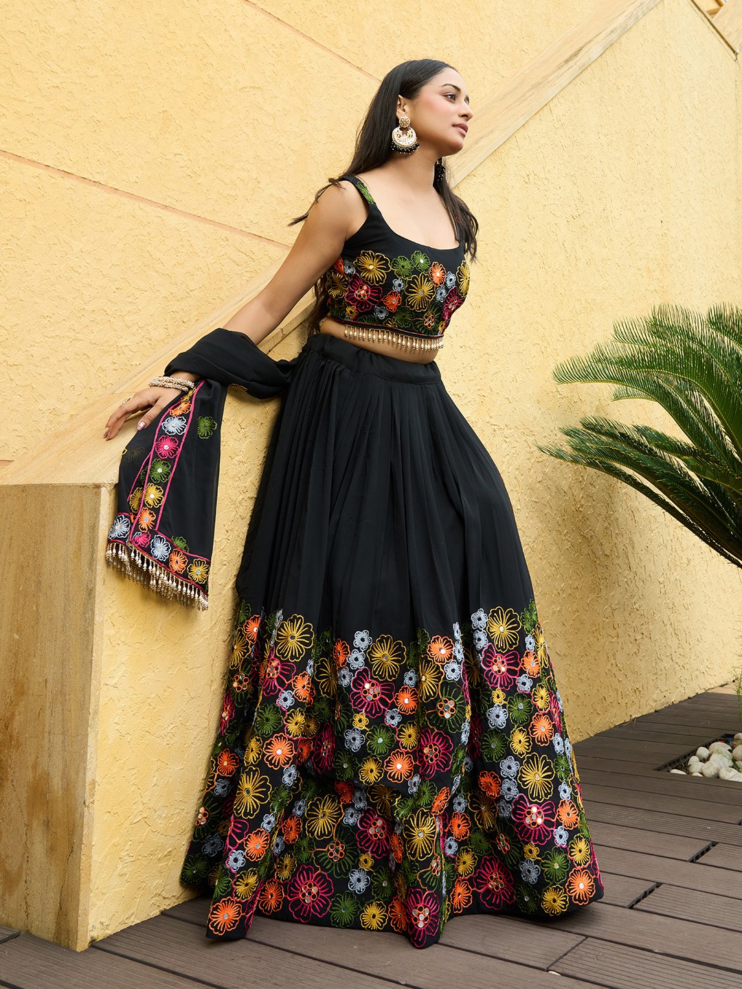 Premium Black Floral Embroidered Georgette Lehenga Choli with Designer Dupatta
