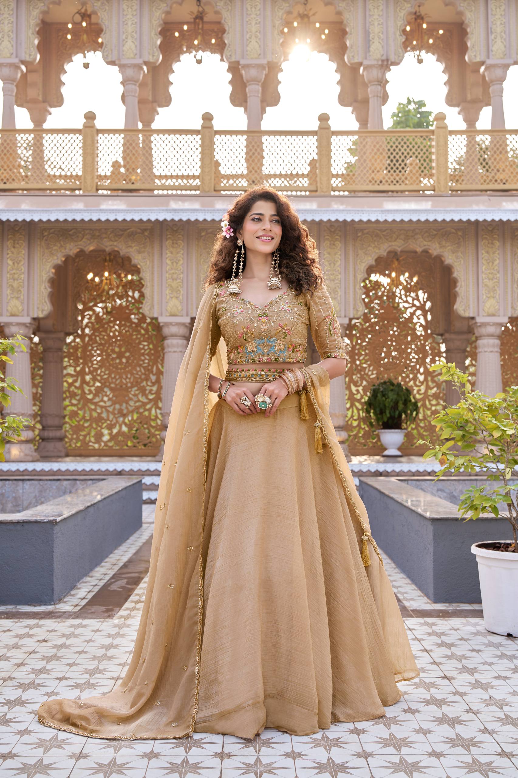 Bridal Wedding Crunchy Lehenga Choli with Heavy Embroidery and 9 Meter Flair - Fully Stitched