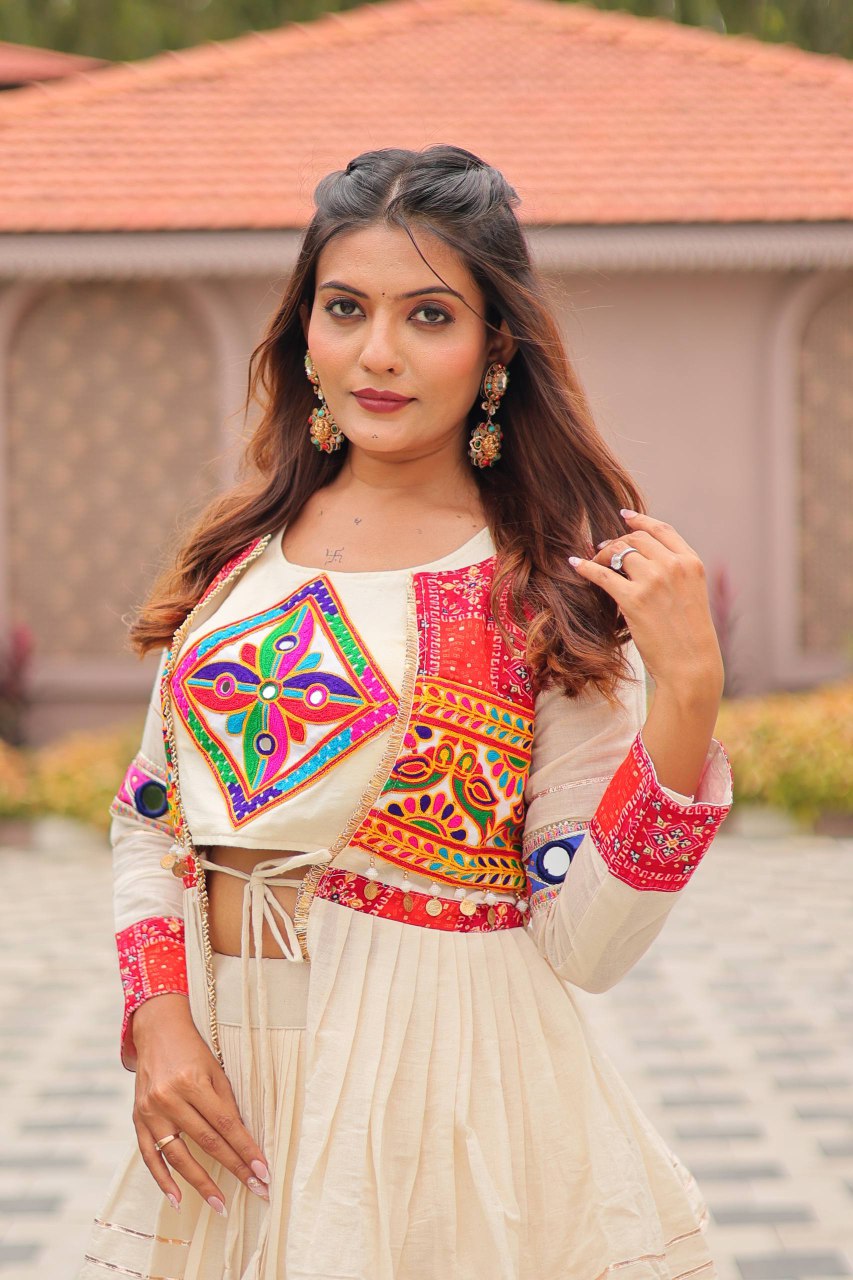 Navratri Special Pure Cotton Gamathi Work Lehenga Choli with Koti - Fully Stitched