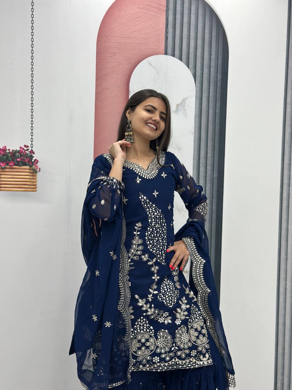 Designer Party Wear Embroidered Sharara Suit Set with Dupatta - Fully Stitched
