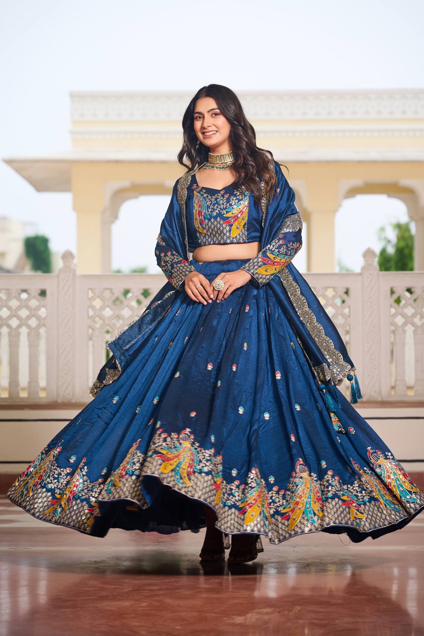 Festival Collection Vichitra Lehenga Choli with Heavy Embroidery and 3MM Sequence Work  - Fully Stitched (