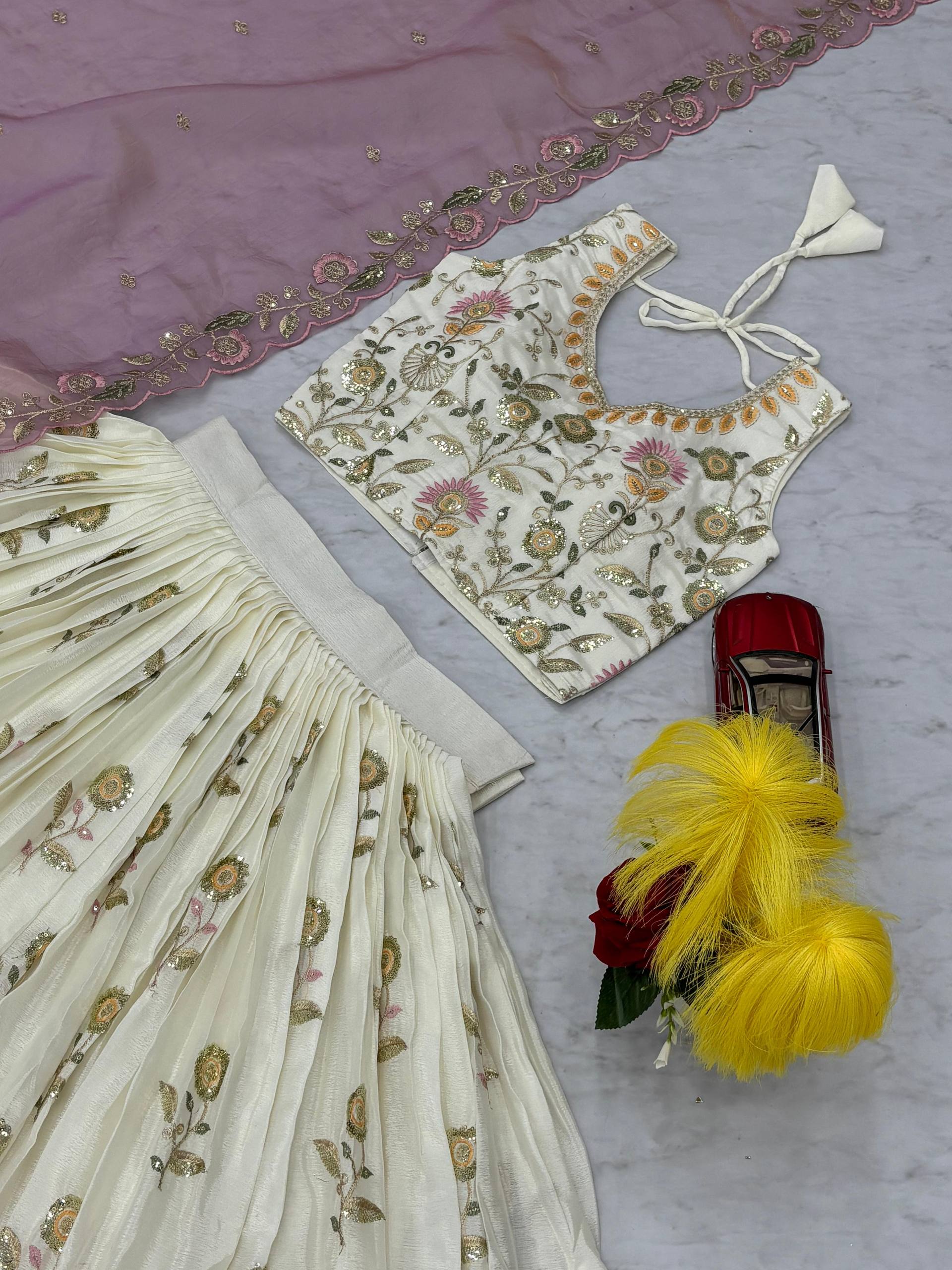 New Festival Chinon Lehenga Choli with Embroidered Gold Crush Dupatta - Fully Stitched